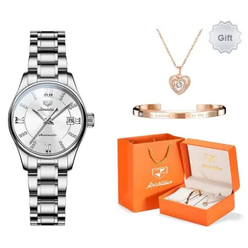 Jin Shi Dun Diamond Inlay Box Mechanical Movement Stainless Steel Watchband Watch Women's Watch White Dial