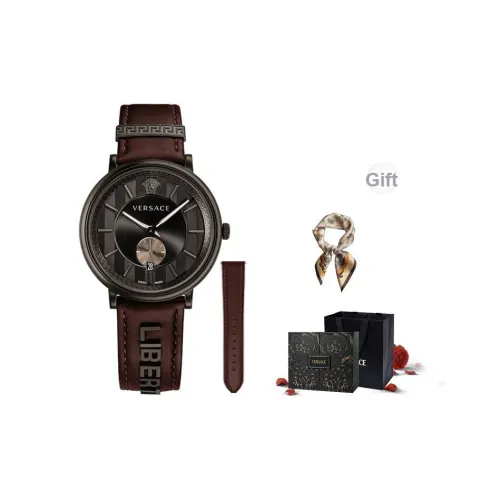 VERSACE Мужские часы Кварцевый механизм Коровья кожа Ремешок 42 мм Коричневый циферблат Часы Ограниченная серия Удача Коробка + шелковый шарф