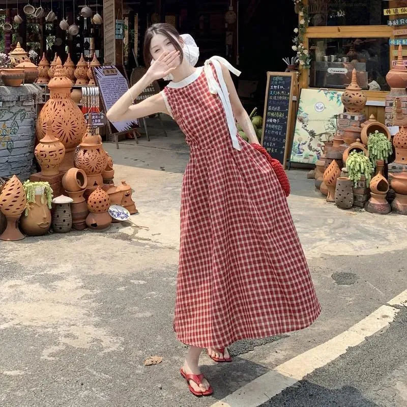BVODE Sleeveless Dresses Women's Red Plaid Dress Shopping Bag-3