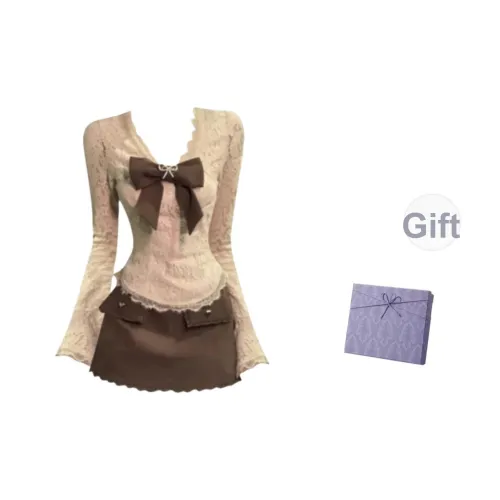 DITB Коричневый Топ+Короткая Юбка с Бантом Женские Юбочные Комплекты