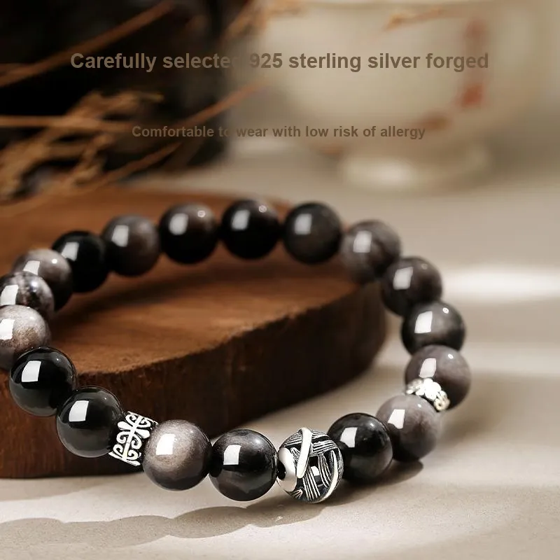 YINCHIE Obsidian 925 Sterling Silver Beaded Bracelet Men's-4