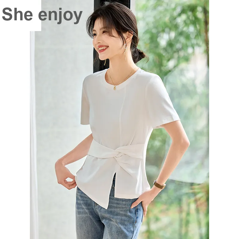 She Enjoys Drop Shoulder Sleeve T Shirt Women's Milk White-2