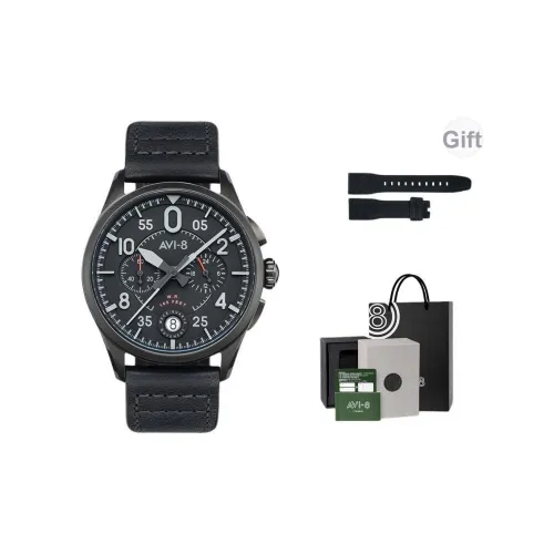 AVI 8 Spitfire Мужские часы Кварцевый механизм Естественная кожа Ремешок 42 мм Черный циферблат