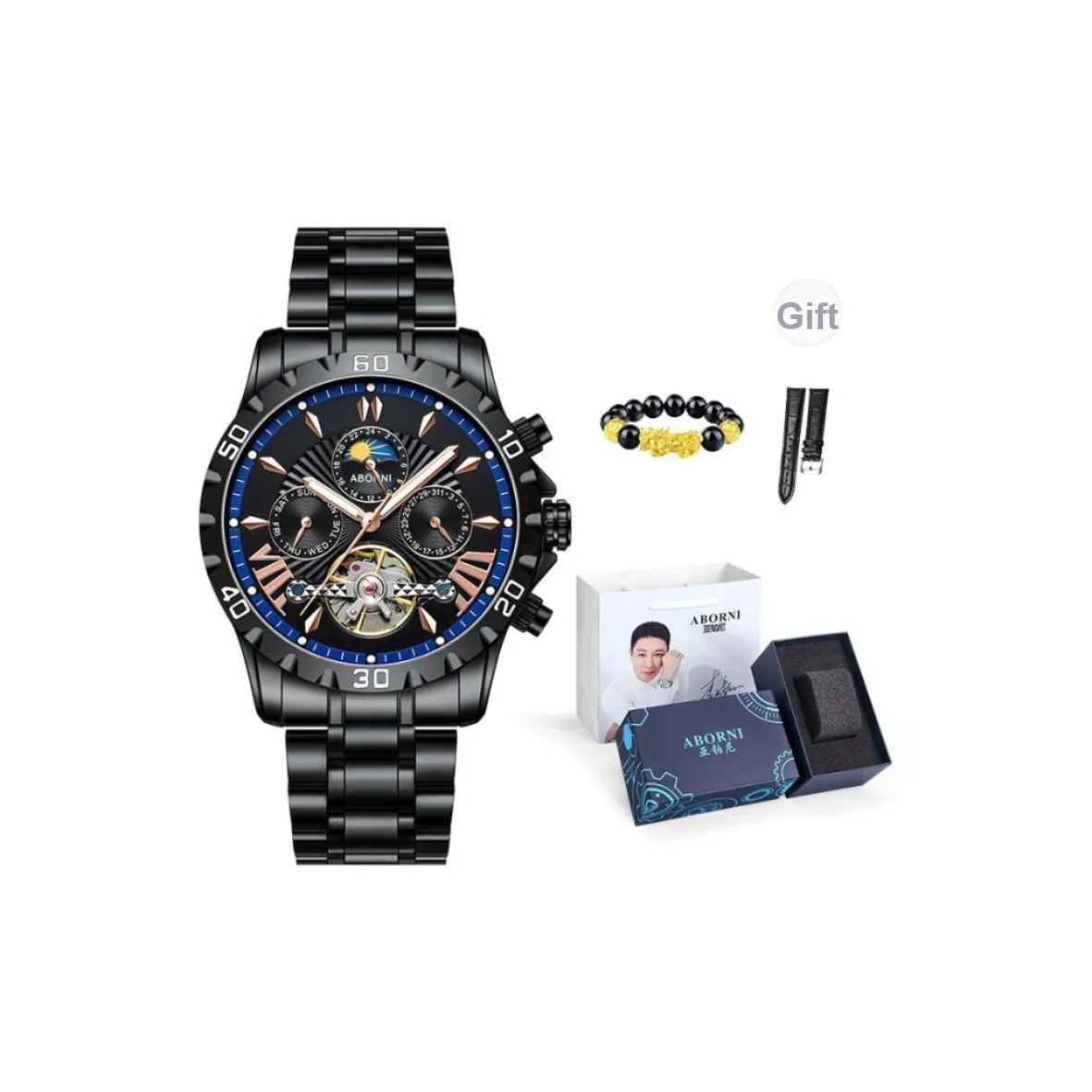 ABORNI Cool Chinese Fashion Trend Mechanical Movement Stainless Steel Watchband Watch Men's Watches Black Dial