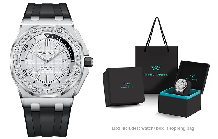 Welly Merck Automatic Mechanical Movement Men's Watches Wrist Watches 42 Black Dial Rubber Strap Wm112m-0
