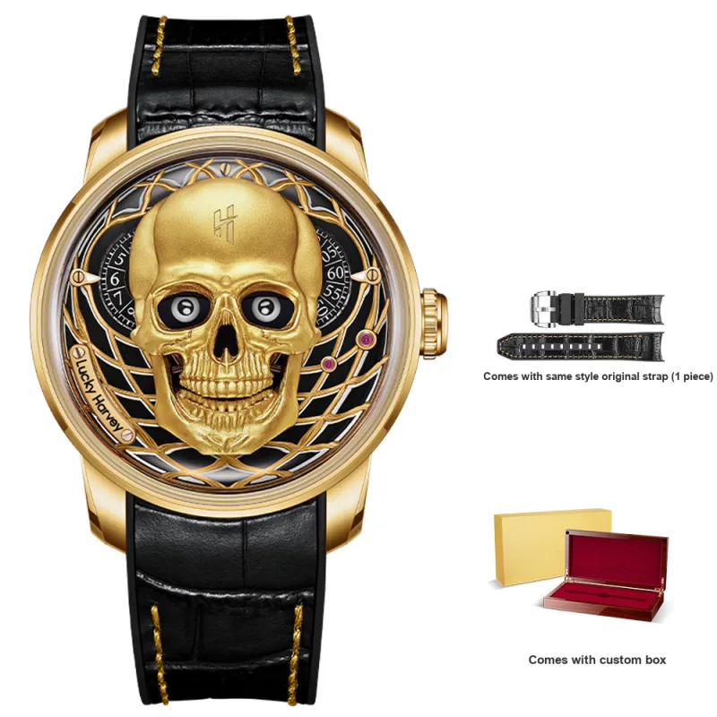 LUCKY HARVEY Craft Master Collection Skull Automatic Mechanical Movement Rubber Strap Watch Men's Watches Black Dial-5