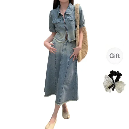 PAVEA Two Piece Skirt Sets Women's Blue Set+Hair Tie Comes With