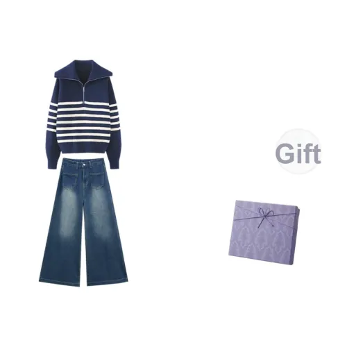 DITB Синий Полосатый Топ + Джинсы Женские Повседневные Костюмы