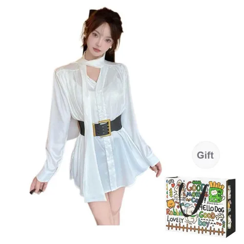 OURUOKE Long Sleeved Dresses Women's White