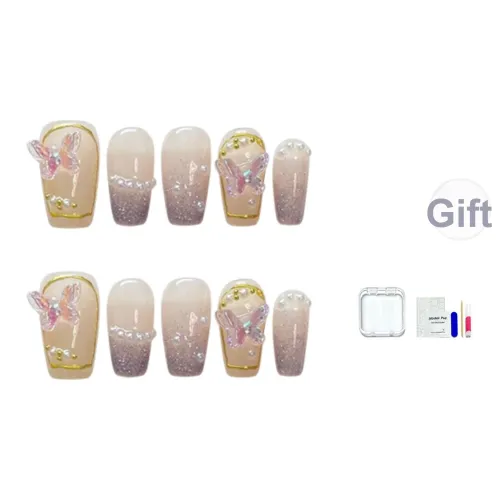 JINGCHANXUE Ручной работы Бабочка влюблена в цветок False Nail Короткий LADDER Coquette Градиентный Сияние 14mm