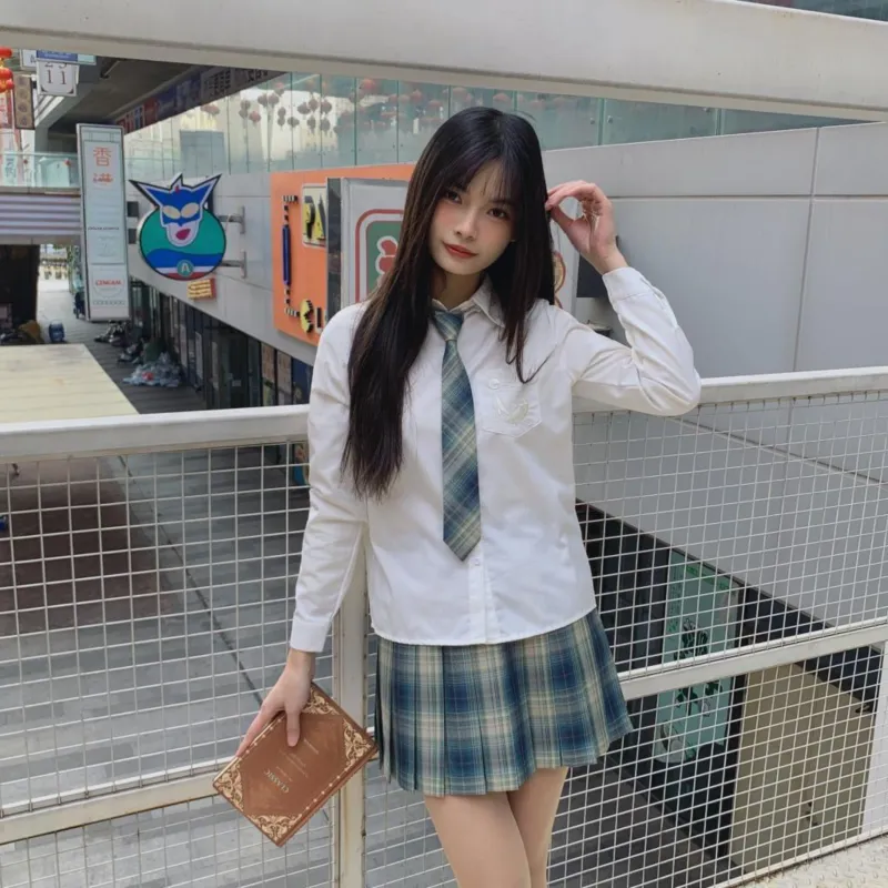 Ice Cream And Whale Uniforms Women's Jingsiyue Shirt+Qingluan Checkered Skirt Comes With Bow Tie+Hanger+School Emblem-4