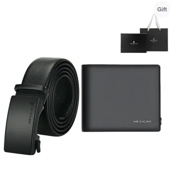 MEXICAN Multiple Card Slots 50% Off Wallet Set Cow Leather Automatic Buckle Belt Men's Black 3.5CM