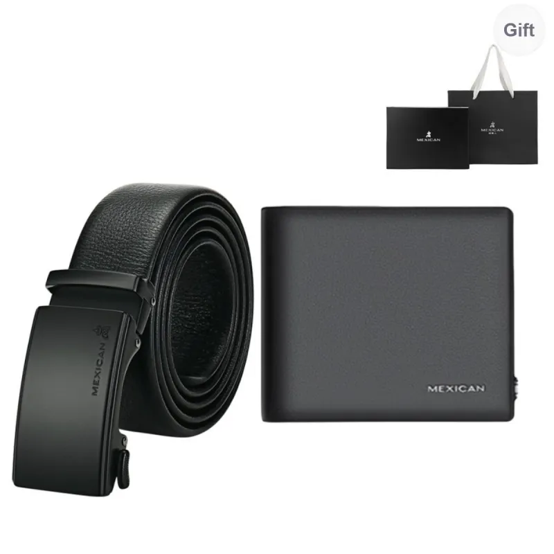 MEXICAN Multiple Card Slots 50% Off Wallet Set Cow Leather Automatic Buckle Belt Men's Black 3.5CM-0