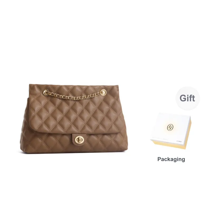 FERIA Natural Cow Leather Diamond Pattern Shopping Bag Shoulder Bag Medium Size Women's Black/Brown/Ecru-14