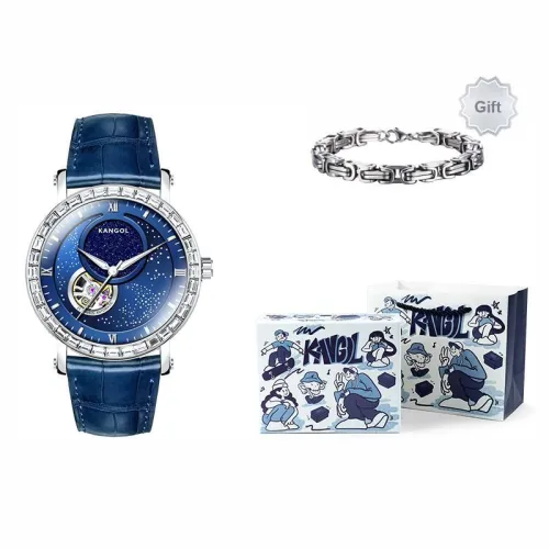 KANGOL Sea Of Stars Mechanical Movement Leather Watch Bands Watch Men's Watches Black Dial