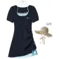 Navy Blue Cropped Dress+Cut-Out Beach Hat