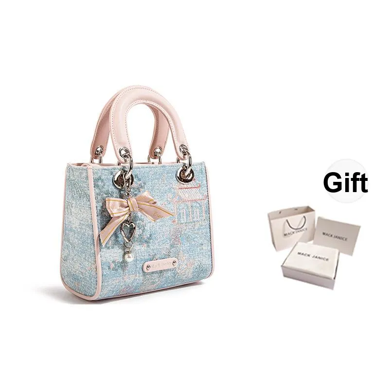 MACKJANICE Polyurethane Synthetic Leather Handbag Women's Blue And White Embroidered Pink