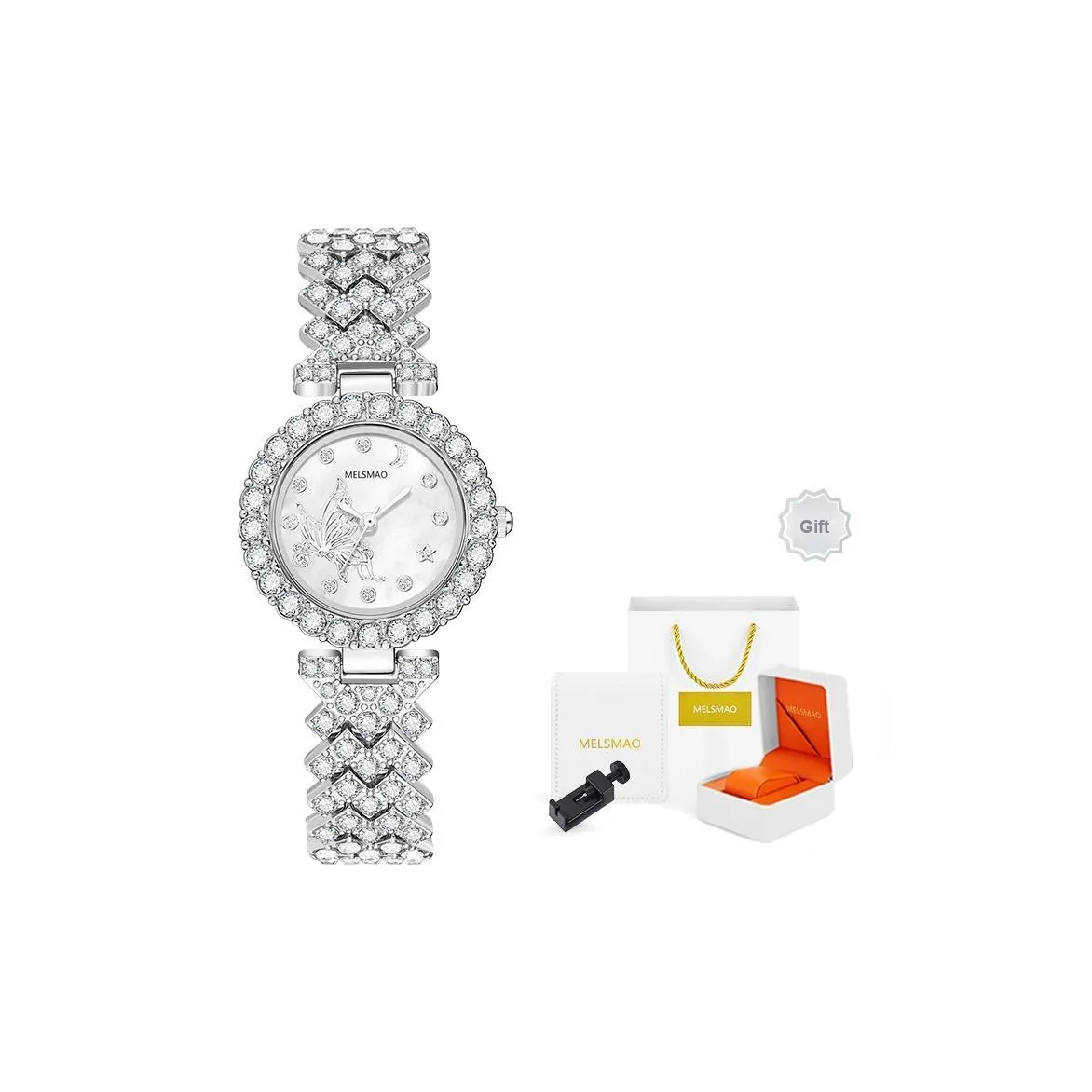 MELSMAO Звезда и луна Бабочка Full Лазурь Звезда Кварцевый механизм Сплав Ремень Часы Женские часы Белый циферблат