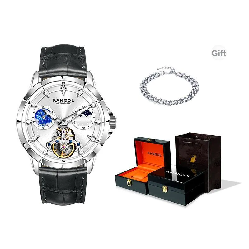 KANGOL Automatic Mechanical Movement Genuine Leather Strap Watch Men's Watches Cut Out Dial
