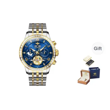 Oupinke Automatic Mechanical Movement Stainless Steel Watchband Watch Men's Watches Blue Dial