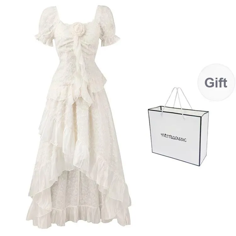 Yvetteclassic Short Sleeved Dress Women's Apricot With Chest Flower-7