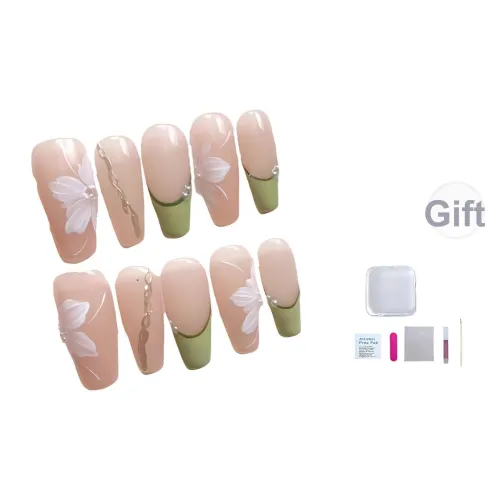 A Few More Cute Зеленый Meadow Цветочный дизайн Magic Mirror Ручная работа False Nail Трапециевидный Длинный Светло-розовый Телесный Coquette