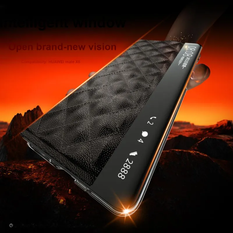 KAREN BURTON Genuine Leather Material Flap Diamond Pattern Smart View Window Phone Case Compatible Huawei Mate 6-3