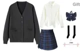 Dark Gray Cardigan+White Long Skirt+Zhao Qianlan (42cm) with Bow+Calf Socks+Hanger