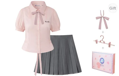 Tokyo Season Uniforms Women's Pink Miss Gillette Shirts+Gray Pleated Skirt, Comes With Bow Tie