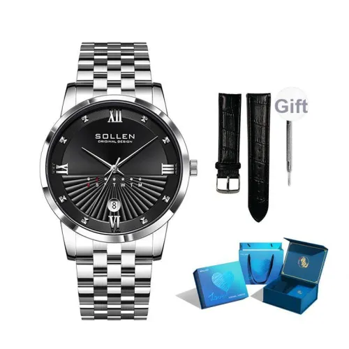 SOLLEN Кварцевый механизм ремешок из нержавеющей стали черный циферблат мужские часы