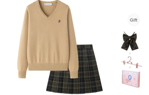 Tokyo Season Uniforms Women's Brown Sweater+Yellow And Black Plaid Skirt, Comes With Free Boxer Shorts