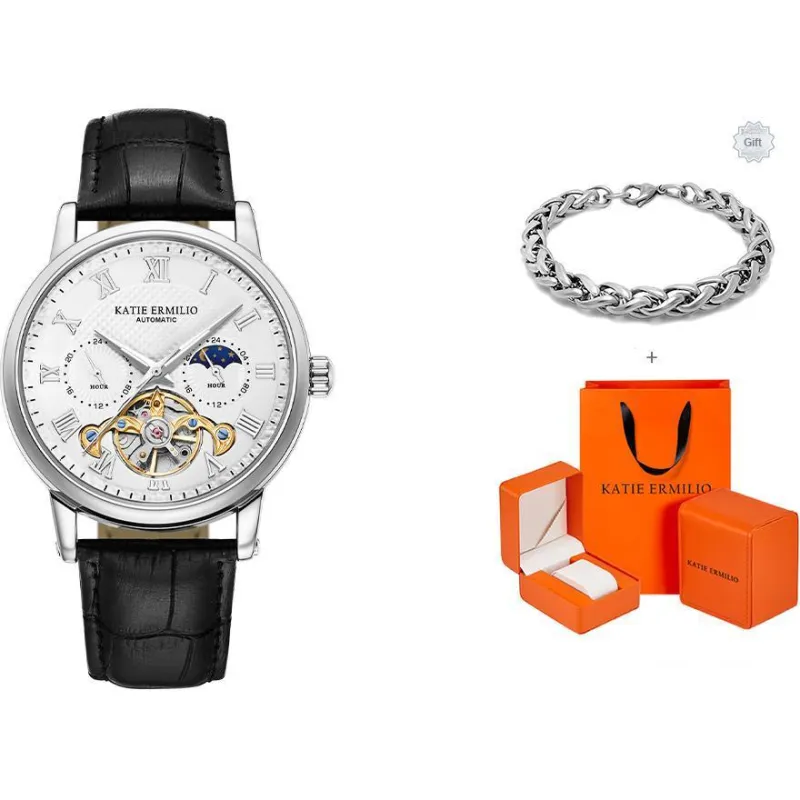 Katie Ermilio Wrist Watch Automatic Mechanical Movement Genuine Leather Strap White Dial Men's Watches-4