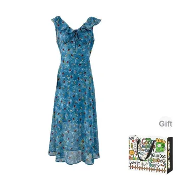 PZHK Sleeveless Dresses Women's Blue Flower Shopping Bag