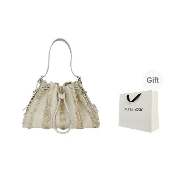 JPJ Fabric Crinkle Bag, Shoulder Bag Medium Size Women's Beige Apricot/Haze Gray