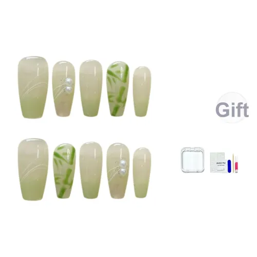 JINGCHANXUE Cool Bamboo Leaf Handcrafted False Nail Средний LADDER Зеленый Gradient Новый китайский стиль 16mm