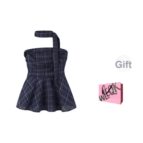 CTRTRC Синий Клетчатый Топ + Ремень Женские Топы Без Бретелек