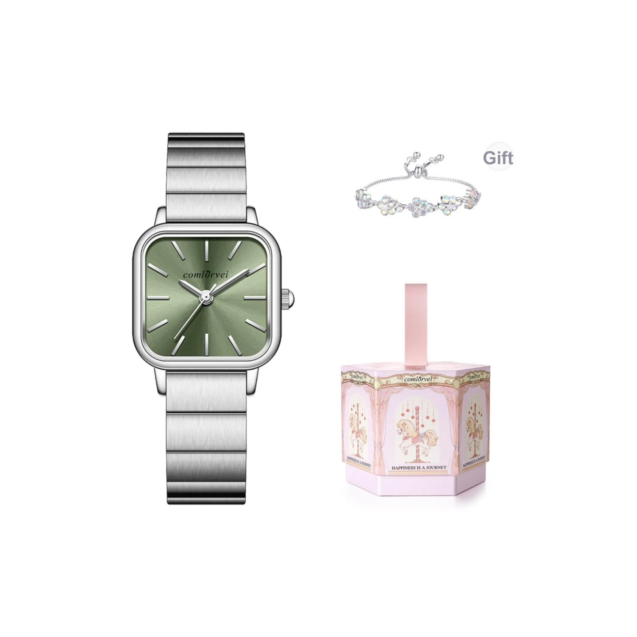 COMLORVEI Кварцевый механизм нержавеющая сталь ремешок часы женские зеленый циферблат