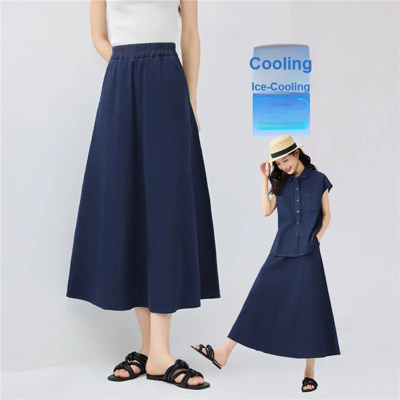 UNIQLO Denim Long Skirt Women's 71 Dark Blue-3