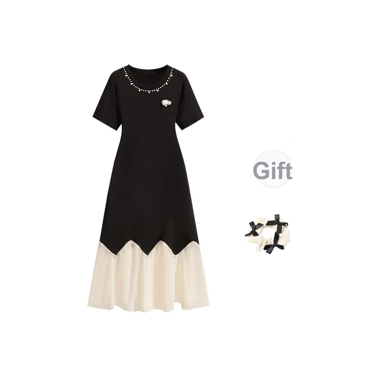 CPAURA Short Sleeved Dresses Women's Black+Bowknot Hair Tie Comes With