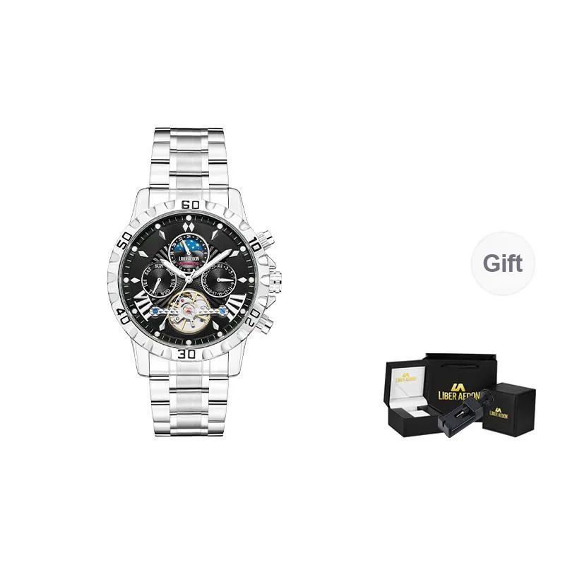 LIBER AEDON Artisan Collection Automatic Mechanical Movement Steel Strap Black Dial Men's Watches-1