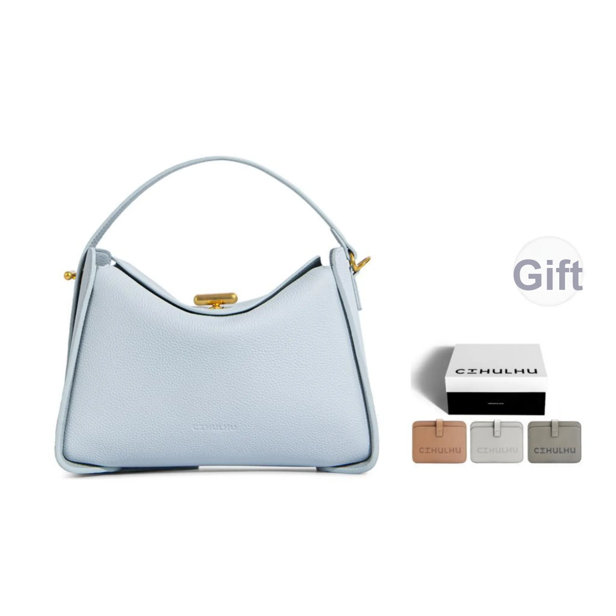 Cthulhu Top Grain Cow Leather Lock Lunch Box Bag Handbags Crossbody Bags Medium Size Women's Blue/Black