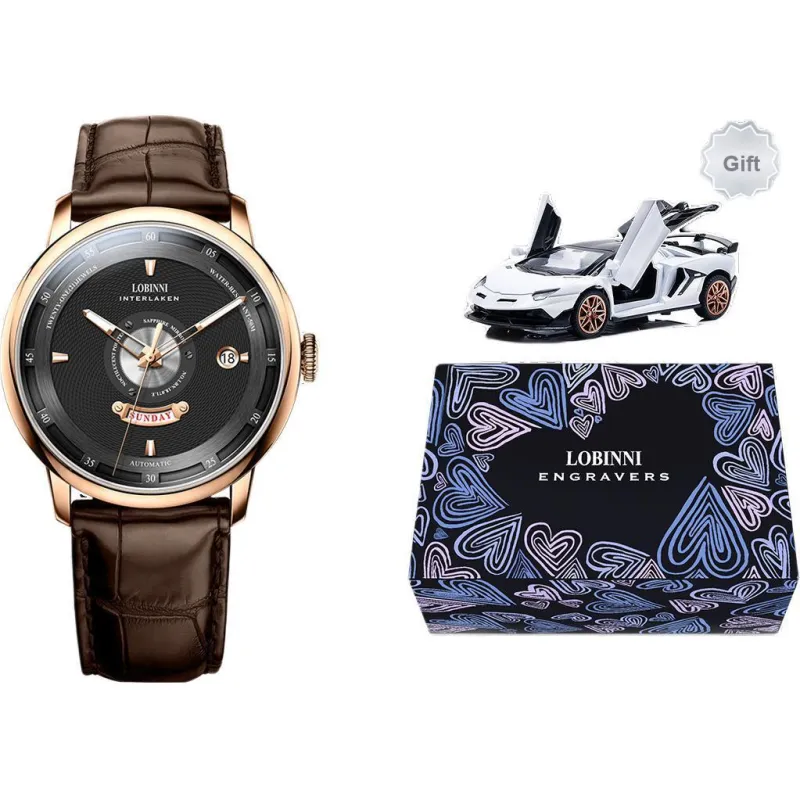 LOBINNI L Automatic Mechanical Movement Genuine Leather Strap Watch Men's Watches Black Dial-5