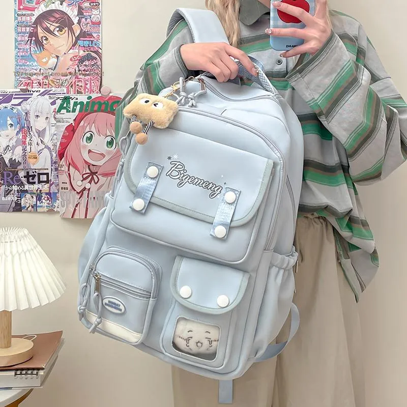 BUBM Nylon Fabric Backpack Unisex Ecru/Black/Light Pink/Light Blue-7
