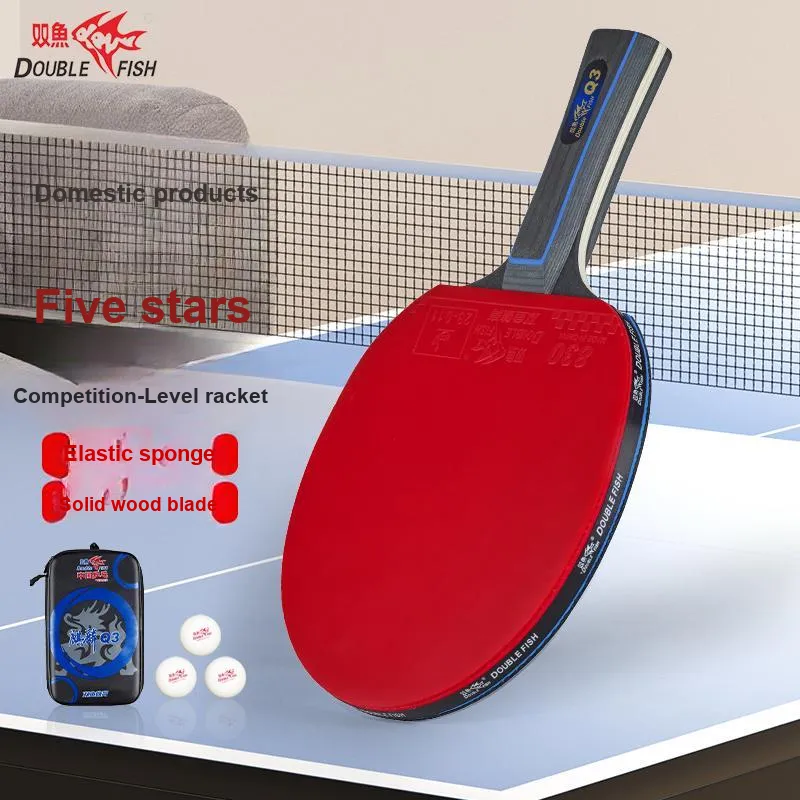 DOUBLEFISH Ping Pong Paddles Unisex Pure Wood Blade Double Sided Inverted Rubber Black/Red Double Shot Deluxe Set-16