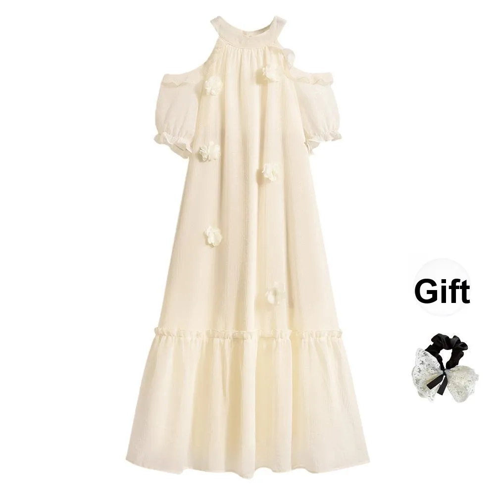 TUSHIFEI Short Sleeved Dress Women's Apricot Long Hair Tie Comes With
