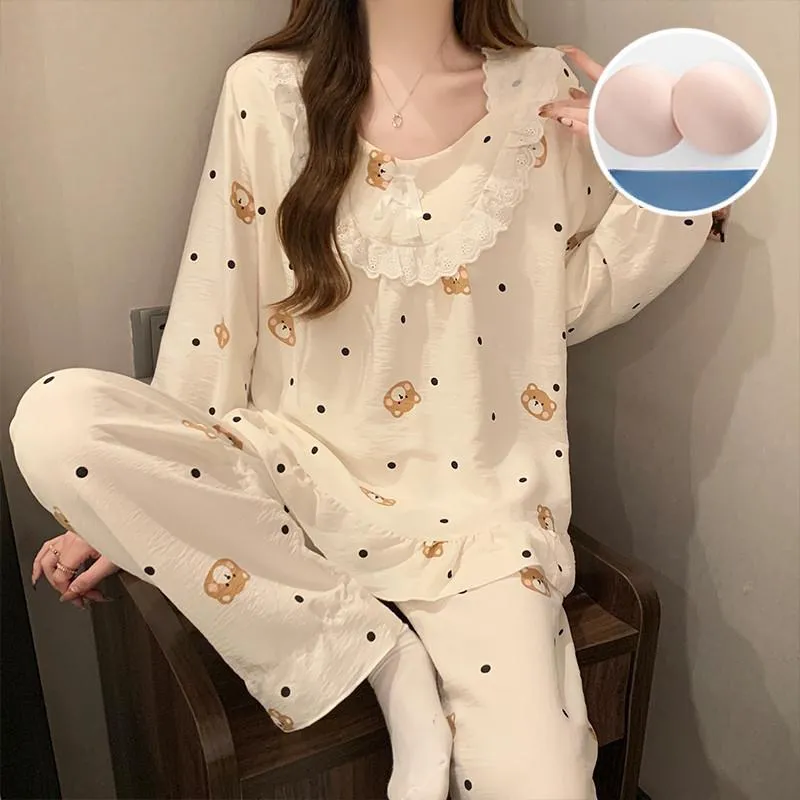 Pretty Lady Pajama Set Women's Apricot Base With Polka Dot-2