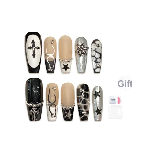 Yun Yue Joe Цветовой блок Magic Mirror Ручная работа Крокодил False Nail Прямоугольный Черный белый Градиентный Coquette