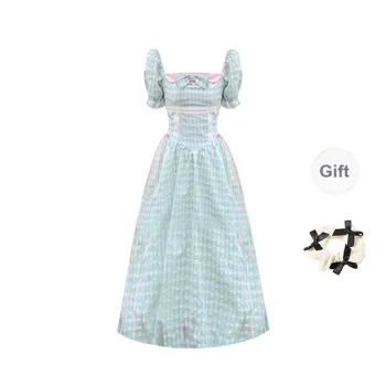 TORIGHT Short Sleeved Dress Women's Blue Plaid+Bowknot Hair Tie Comes With