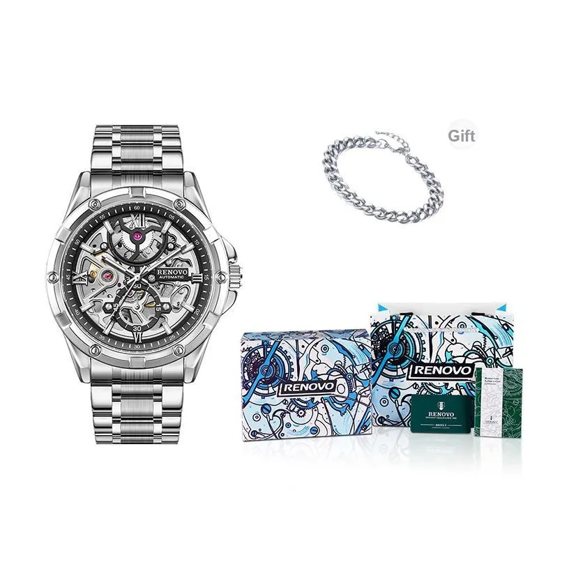 RENOVO Explorer Collection Automatic Mechanical Movement Watch Unisex Skeleton Dial
