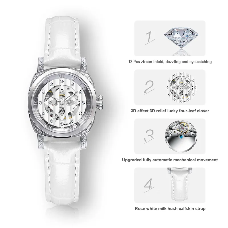 ORCO Automatic Mechanical Movement Cowhide Strap Watch Women's Watch White Dial-4